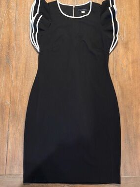 Tommy Hilfiger Black Midi Dress with White Trim Puff Sleeves